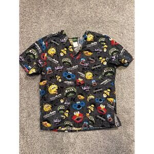 Sesame Street Scrub Top Mens Medium Black Cotton Big Bird Elmo Cookie Monster
